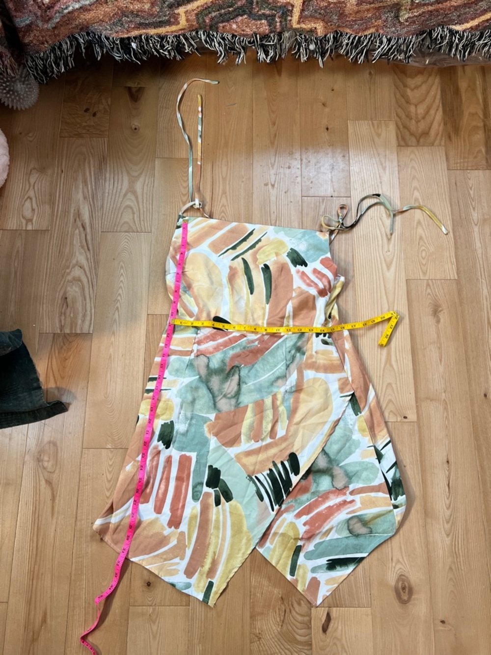 Abstract Print Spaghetti Strap Summer Dress in Green & Mustard - Picture 5 of 5